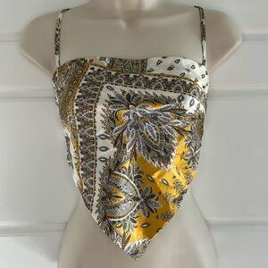 Silky Scarf Crop Bandeau Top Hippy Boho Ivory Gold Tie Back Spaghetti Straps M
